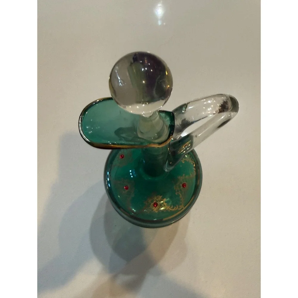 Vintage Venetian Emerald Green Glass Decanter Gold Gilt Jeweled‎ Cruet Stopper